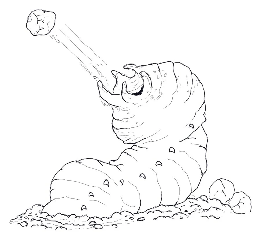 Pencil sketch of a worm spitting a boulder