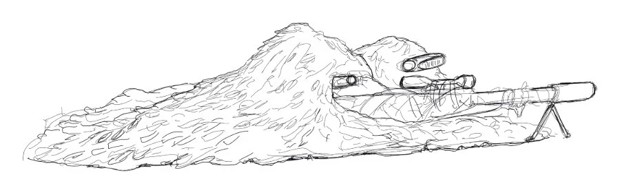 Pencil sketch of a sniper in a ghillie suit lying hidden in a mound