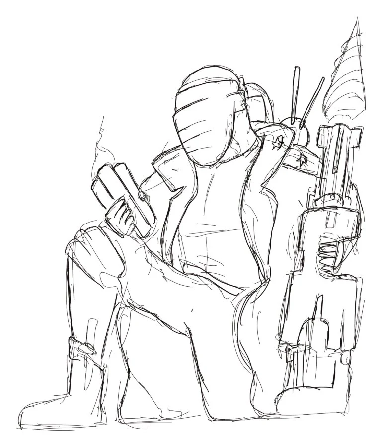 Pencil sketch of a kneeling guerilla fighter