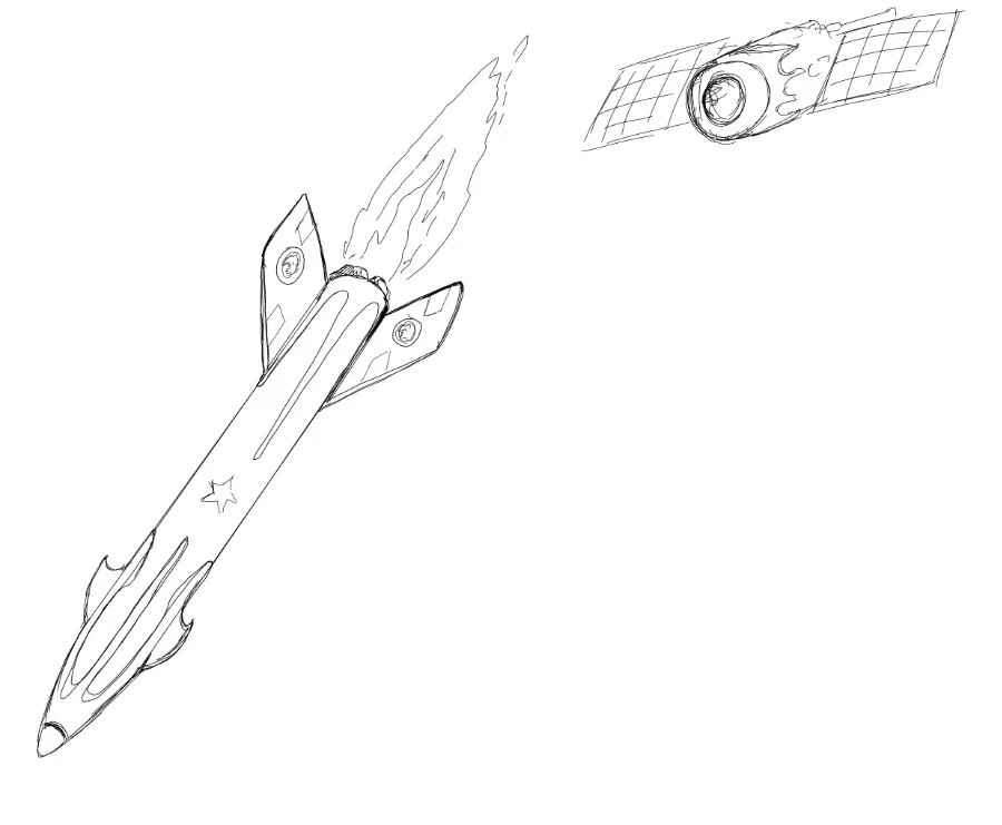 Ink sketch of the IPBM Drone, a missile beside a satellite