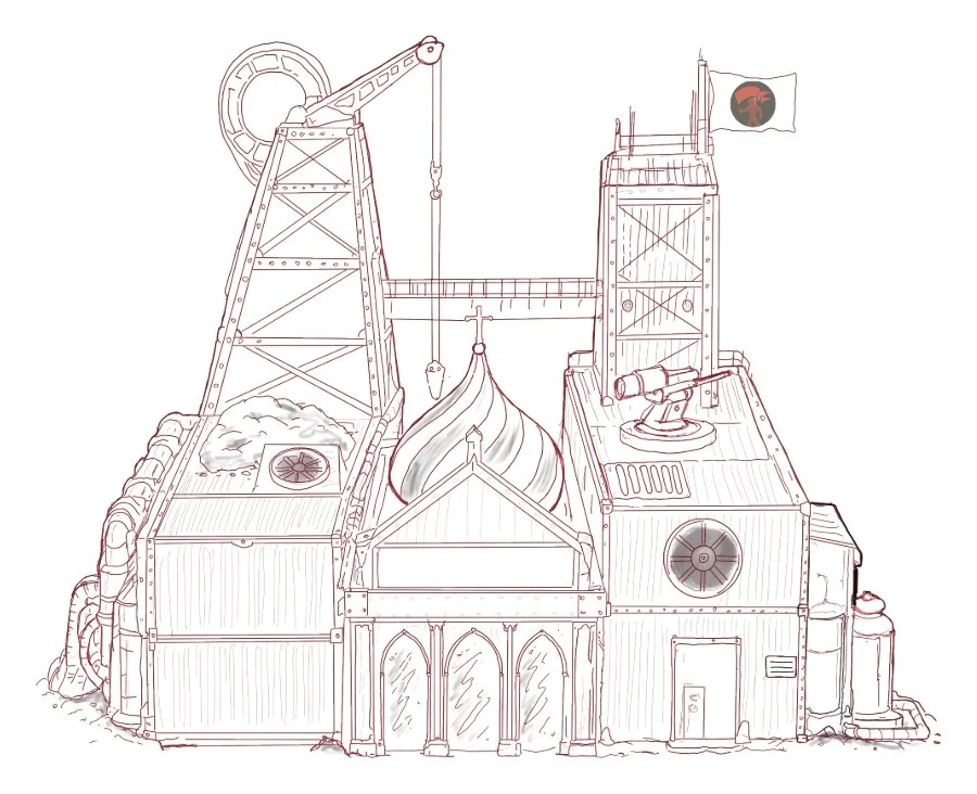 Red-line sketch of the Kolonist base with onion domes and a pithead