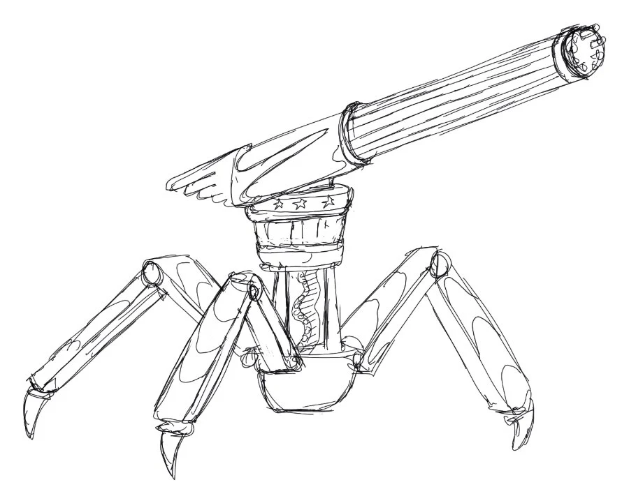 Ink sketch of Land of the Free, a spider-legged gun platform