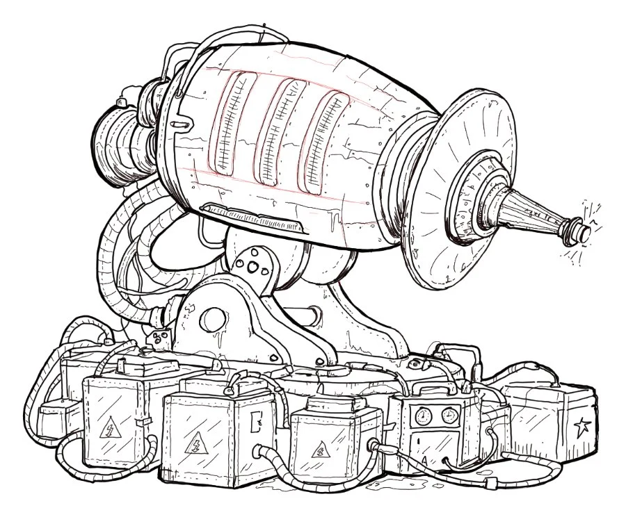 Ink sketch of the Means of Production, a machine on tracks