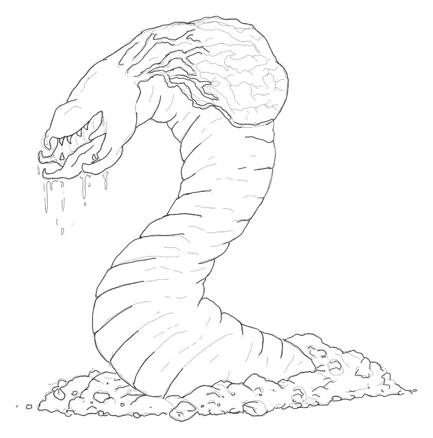Pencil sketch of a tall worm with an eerie face