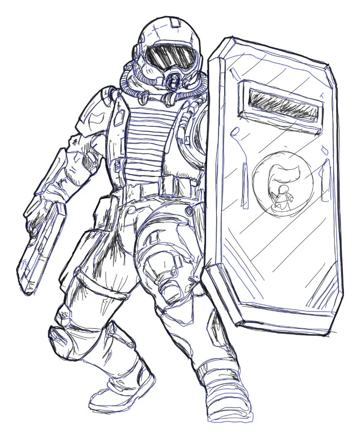 Pencil sketch of a Sekuritat trooper with a riot shield and gas-mask helmet