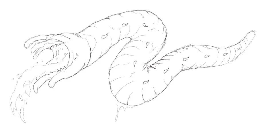 Pencil sketch of a long worm being sick