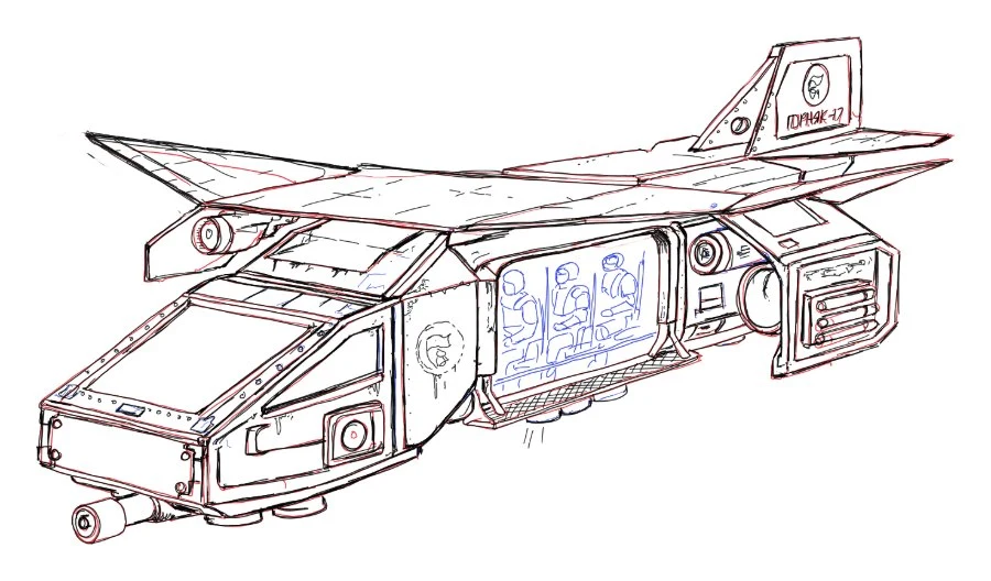 Ink sketch of the Workers Jet, a boxy armoured aircraft