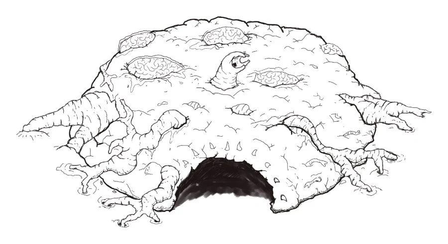 Ink sketch of the sandworm nest, a mound with a cave mouth
